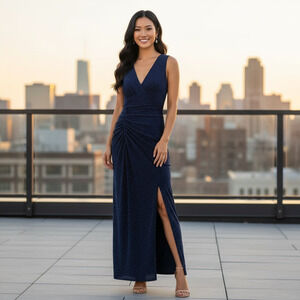 Vince Camuto Midi Dress Size 2 Navy Silver Rouged Cocktail Mother Bride Party